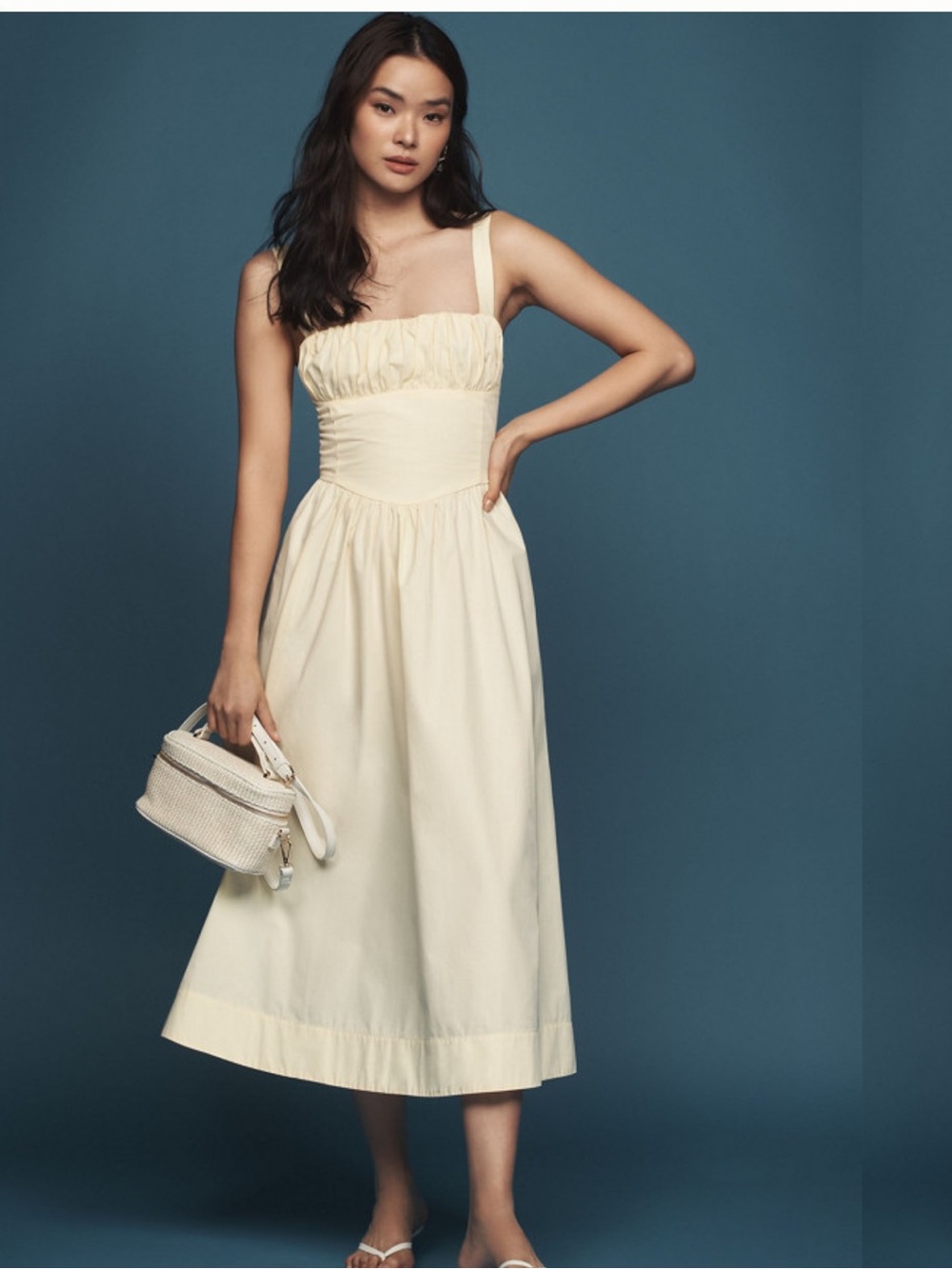 Anthropologie Drop-Waist Ruched Midi Dress Pale Yellow